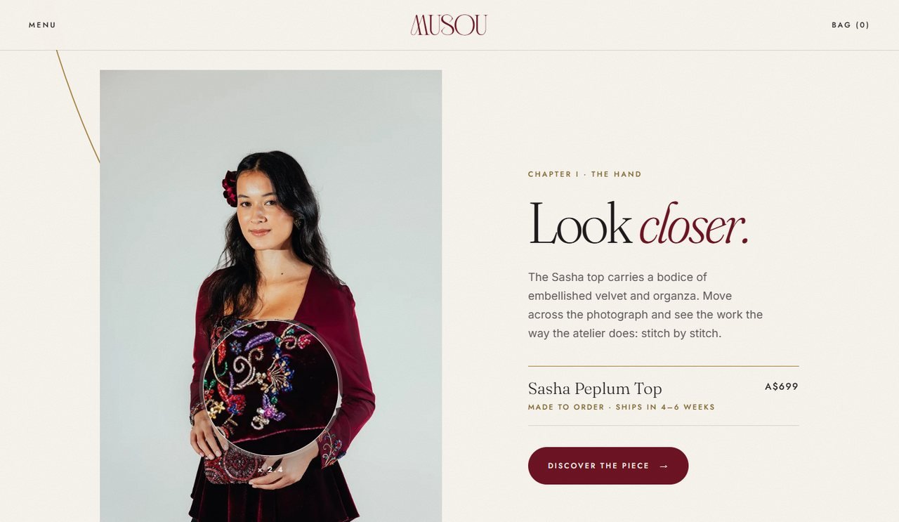 The Thread: a jeweller's loupe magnifying the embroidery of the Sasha top